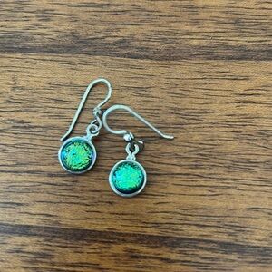 Handmade silver earrings with shiny green/blue drops